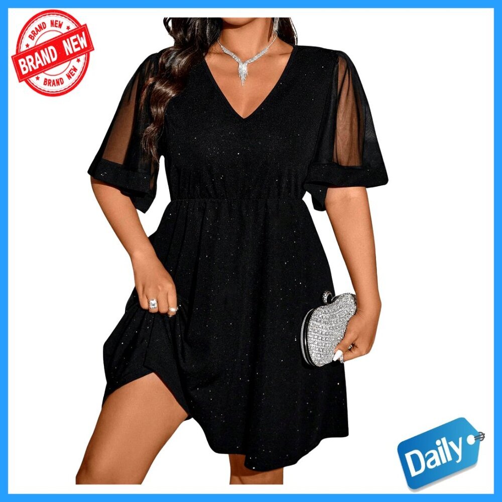 Plus Size Glitter Mesh V Neck Flounce Sleeve A Line Dress Cocktail Party